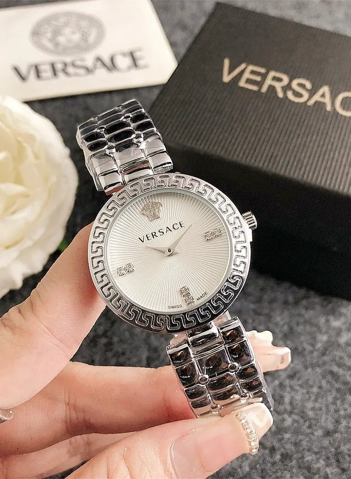 Versace Women's Cubic Zirconia Classic Fashion Versatile Round Quartz Watch with Silver Stainless Steel Strap and White dial 33mm Gift