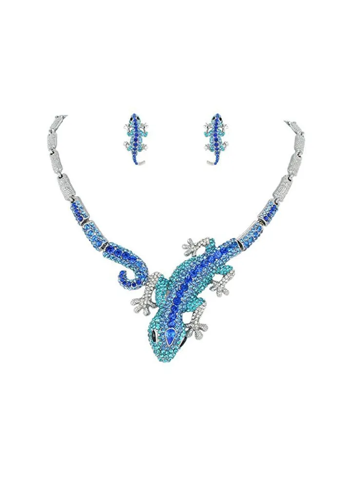 Austrian Crystal Studded Gecko Lizard Necklace And Earrings Set