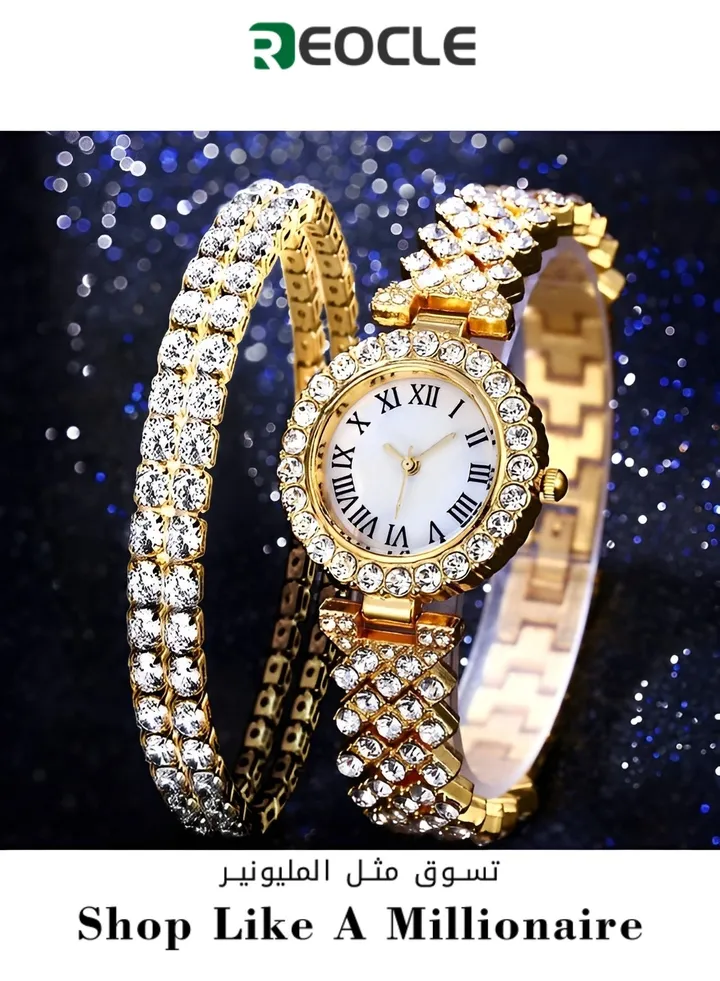 Women's Premium Crystal Accented Bangle Watch and Bracelet Set Diamond Wristwatch Set Analog Quartz Wrist Watch for Ladies