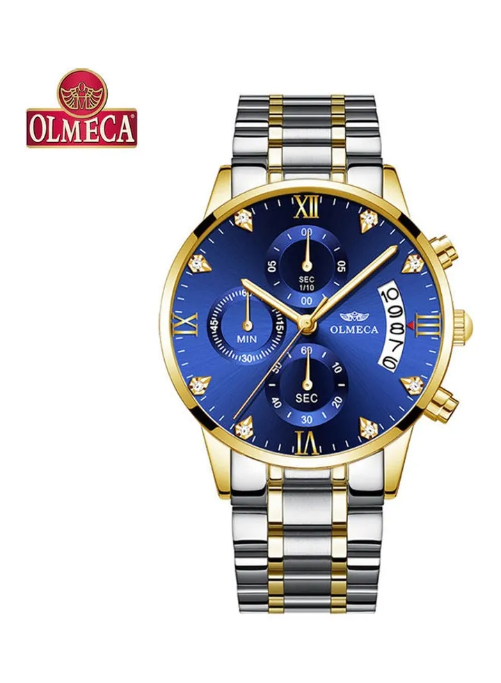OLMECA 78M steel band quartz waterproof watch with gold and blue surface
