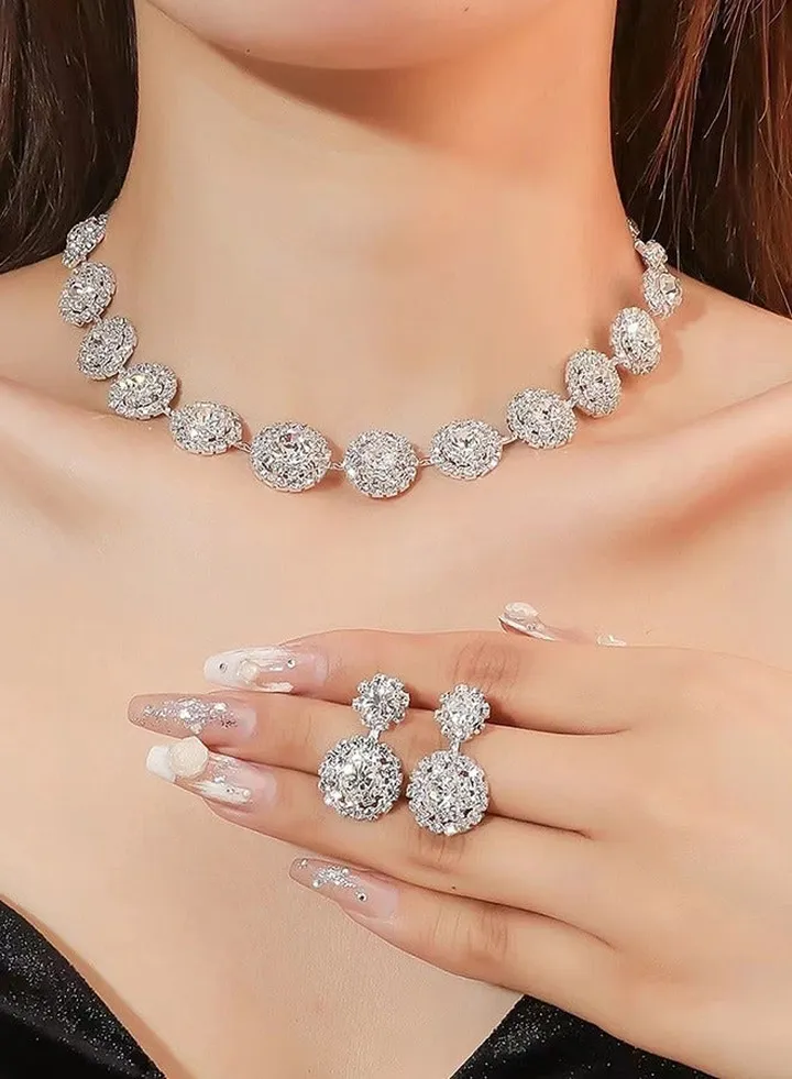 2 Piece Cubic Zirconia Bridal Jewelry Sets for Wedding, Crystal Necklace Dangle Earring Bracelet Jewelry Sets for Women, Prom Costume Jewelry Gifts