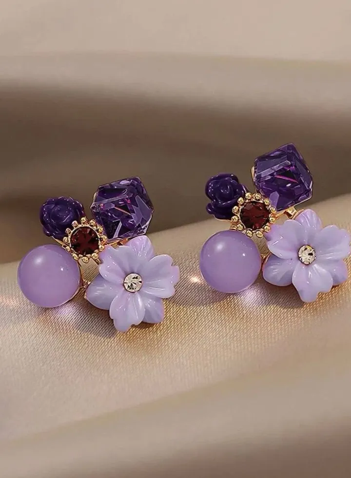 Trendy Purple Flowers Decor Stud Earrings For Women