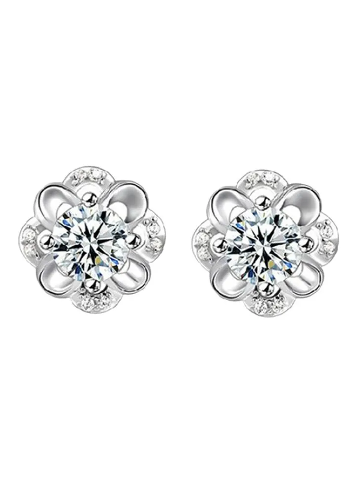 925 Sterling Silver Rhinestone Studded Hollow Flower Stud Earrings