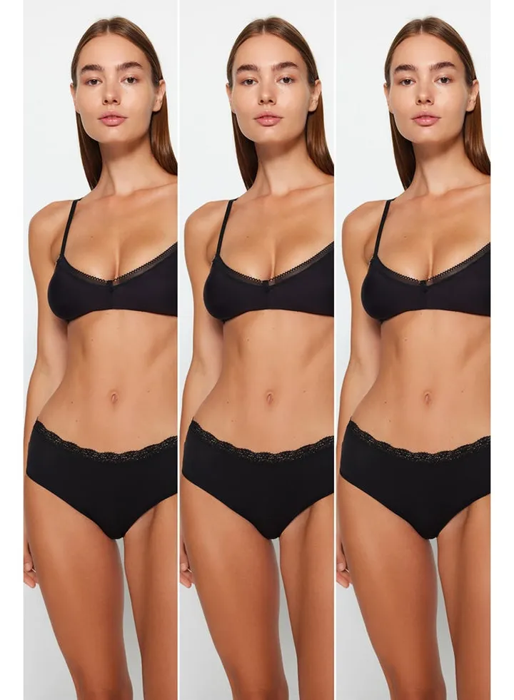 Black 3-Pack Cotton Lace Detailed Comfortable Fit Hipster Knitted Panties THMAW24KU00009