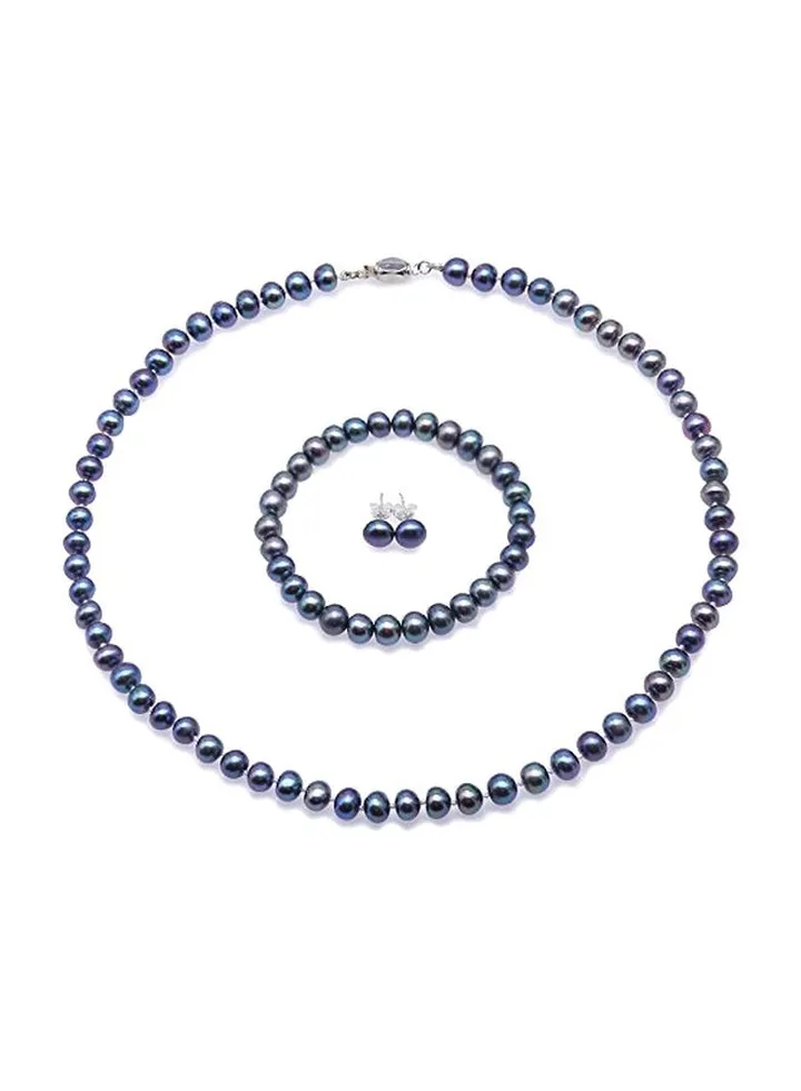 Sterling Silver Flat Round Freshwater Pearl Necklace, Bracelet And Earrings Set