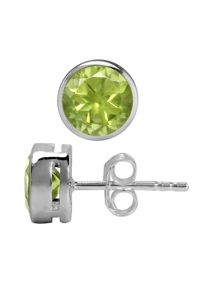 Rhodium-Plated 925 Sterling Silver Round Earrings With Peridot
