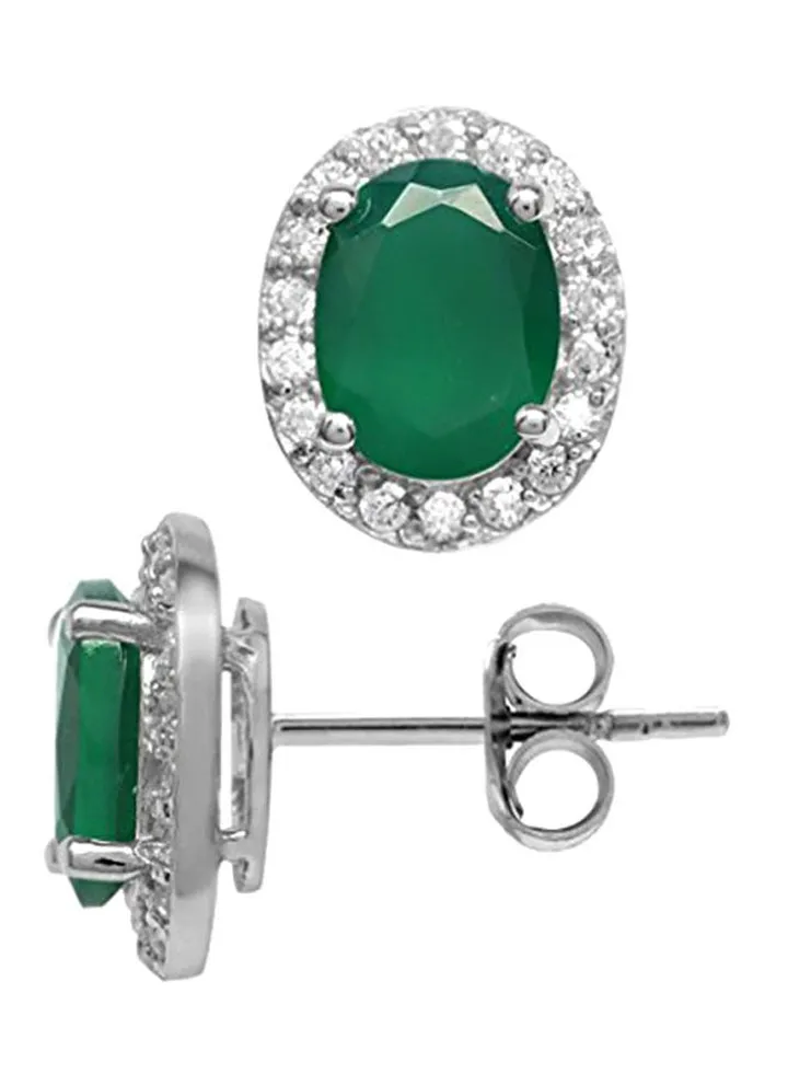 Natural Oval Shape Emerald Halo 925 Sterling Silver Earrings