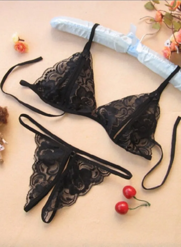 Women Fashion Babydoll Underwear Bra G-string Open Crotch Gift black