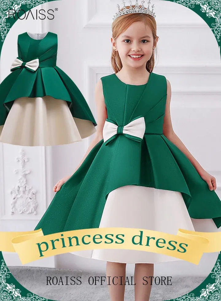 Girls Party Dress Bow Front Contrast Mesh Ruffle Gown Princess Dress Sleeveless Toddler Little Kids Party Wear Wedding Evening Formal Pageant Dance Gown for Birthday Green