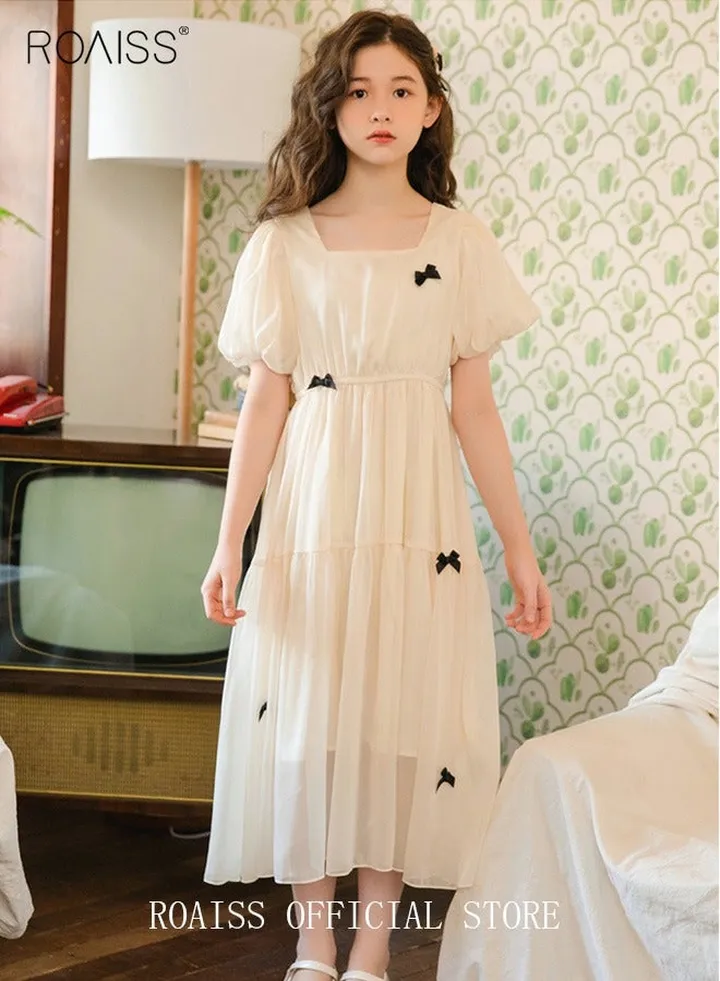Summer Elegant Big Kids Dresses for Girls Chiffon Bow Princess Casual Stylish Girls Dresses Kids Square Collar Puff Sleeve High Waist Dress Beige
