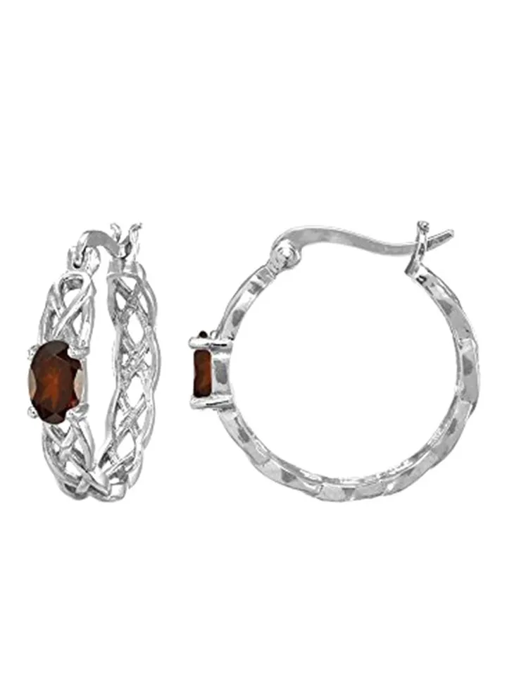 925 Sterling Silver Garnet Studded Hoop Earrings