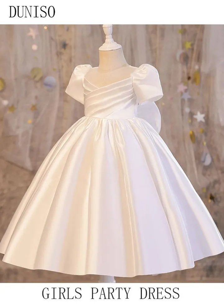 Girls Dress Kids Short Sleeves Satin Party Dresses with Tutu Skirt Toddler Princess Birthday Party Wedding Dresses 120cm