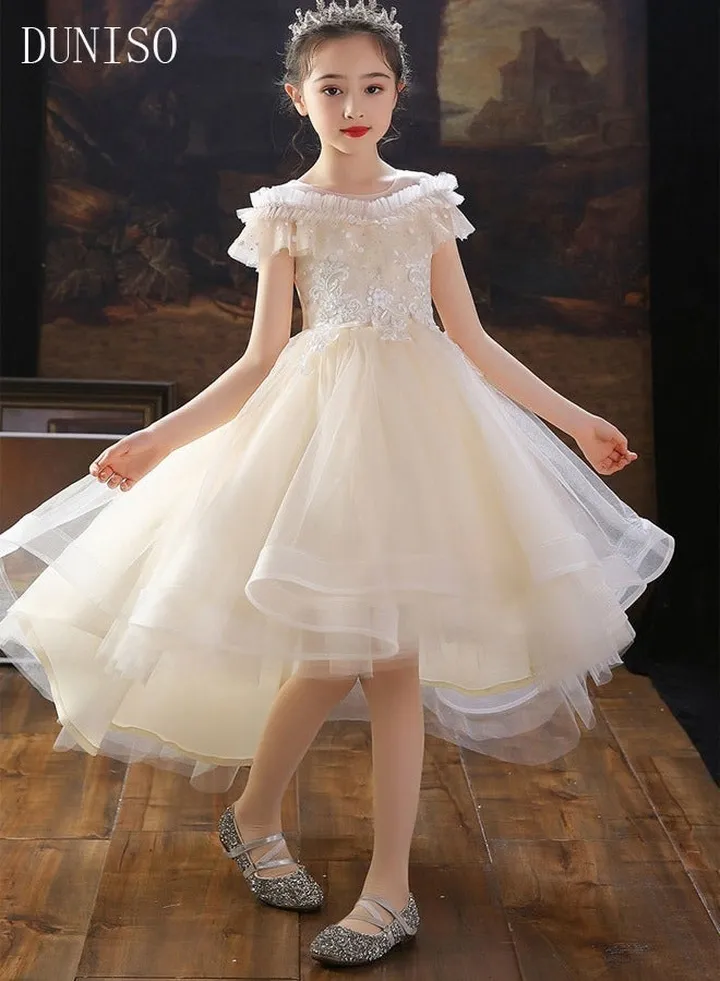 Girls Dress Kids Short Sleeves Lace Party Dresses with Tutu Skirt Toddler Princess Birthday Party Wedding Dresses