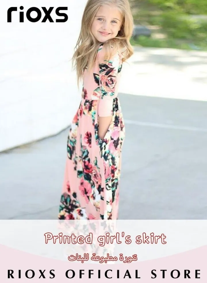 Toddler Girls Long Sleeve Maxi Dress Round Neck Floral Printed Dresses Casual Loose Long Dress With Pockets