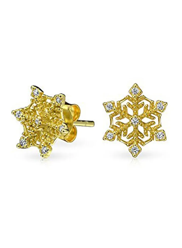 925 Sterling Silver Gold Plated Snowflake Stud Earrings