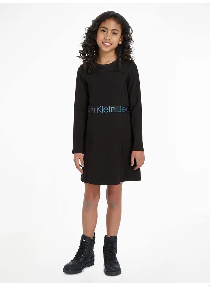 Girls' Flared Milano Logo Dress, Viscose, Black