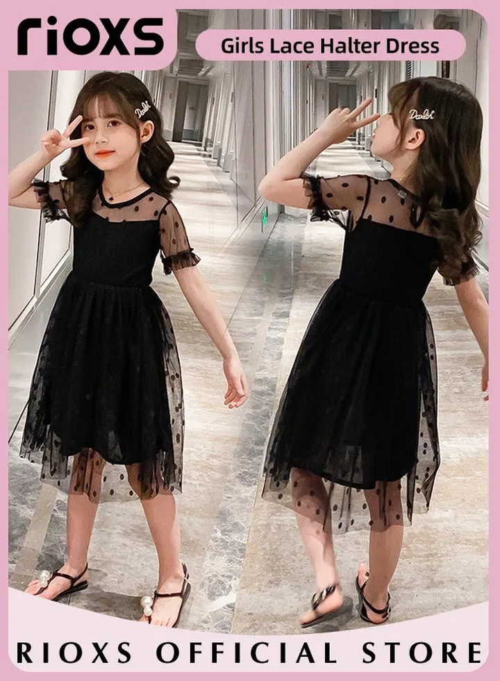 Girls Short Sleeve Lace Midi Dresses Round Neck Polka Dot Dresses Casual Loose Tulle Dresses
