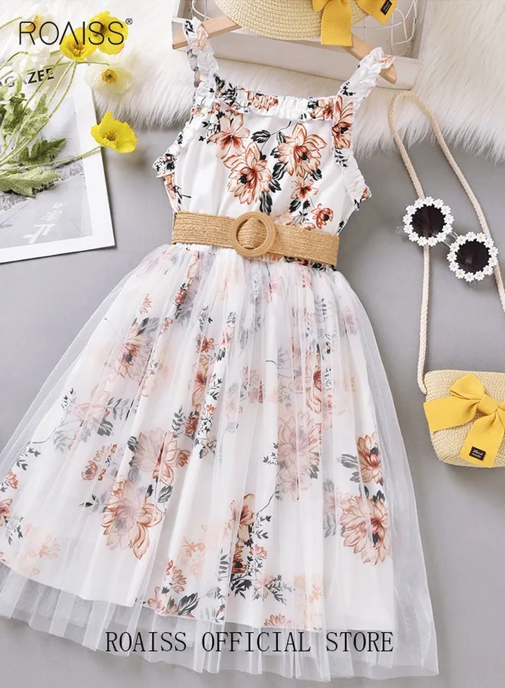 Girl Suspender Mesh Dress Sleeveless Floral Printing Skirt for Little Girl Casual Summer Princess Dresses A line Skirt