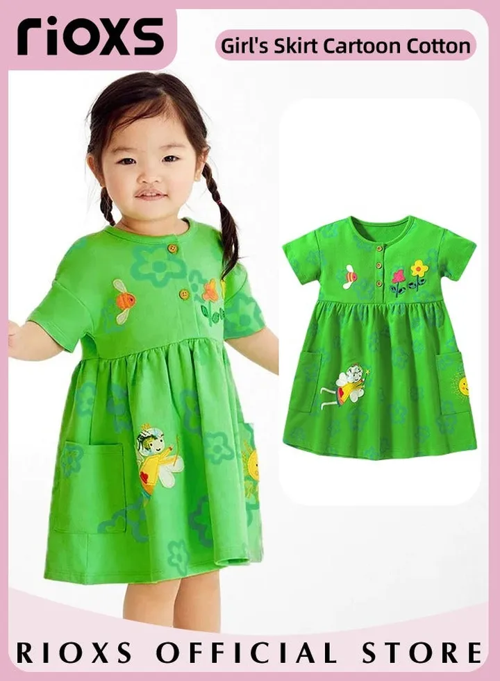 Toddlers Kids Girls Short Sleeve A Line Dress Round Neck Knitted 100% Cotton Princess Summer Dress with Pockets