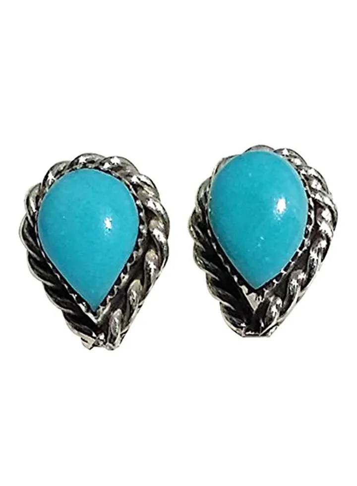 Sterling Silver Turquoise Twist Wire Border Design Stud Earrings