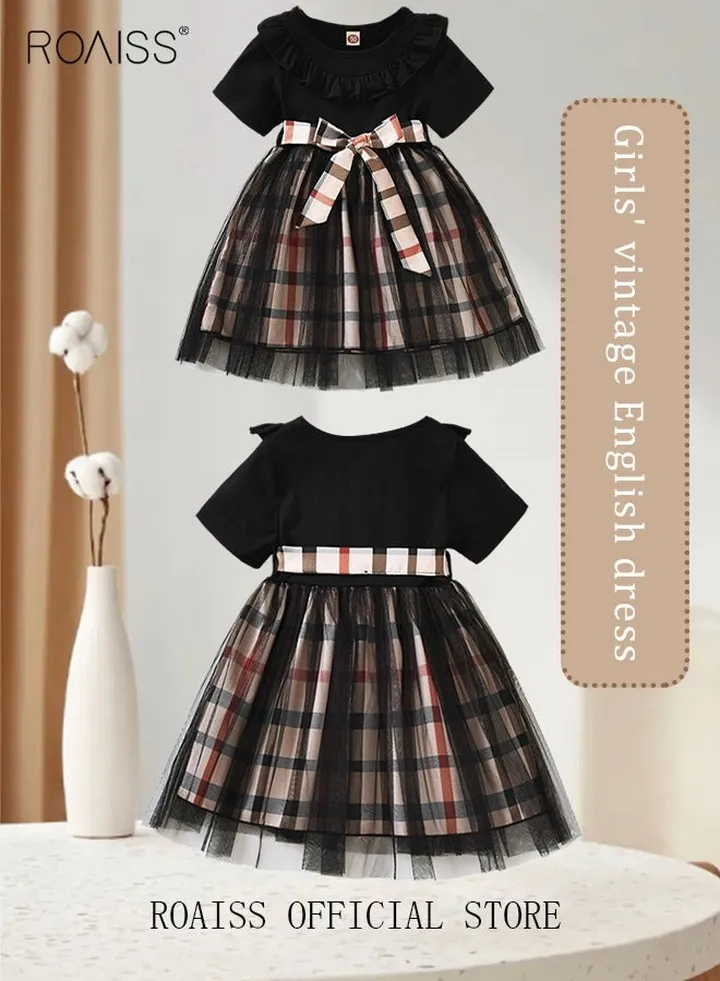 Toddler Girl's Short Sleeve Casual Dresses Checked Summer Clothes Girls Dresses for Kids Princess A-line Dress