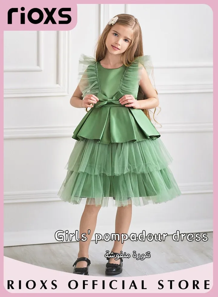 Toddler Girls Flutter Sleeves Pleated Flower Dress Pageant Bowknot Dress Costumes Wedding Dress for Birthday Party Formal Occasions