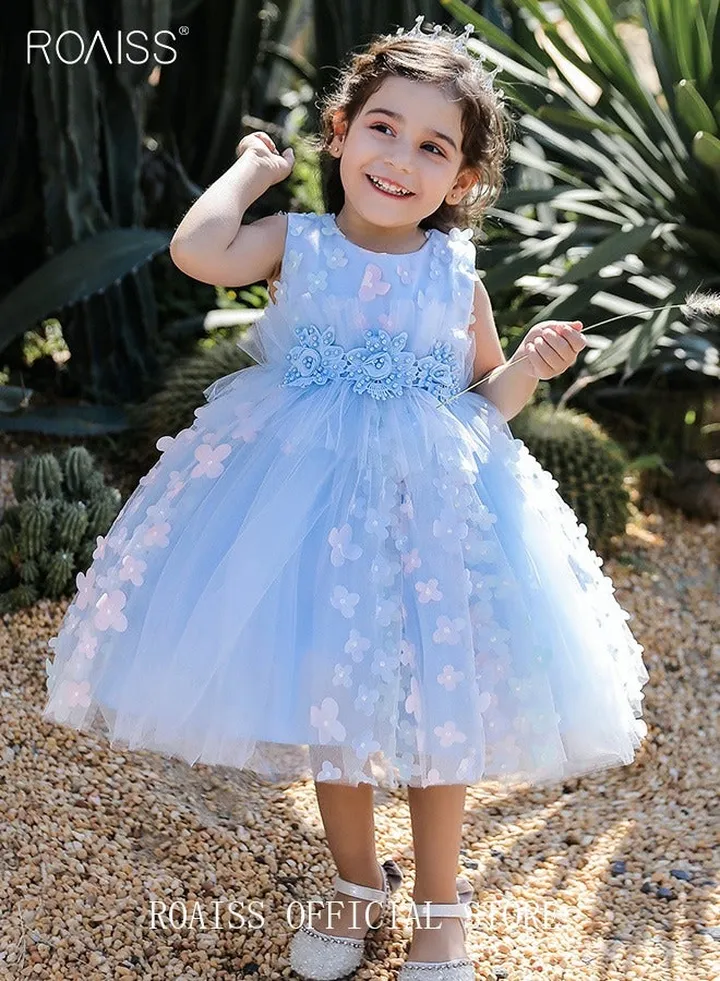 Girls' Blue Party Dress - Sleeveless Appliques Mesh Gown for Birthday, Wedding, and Formal Events