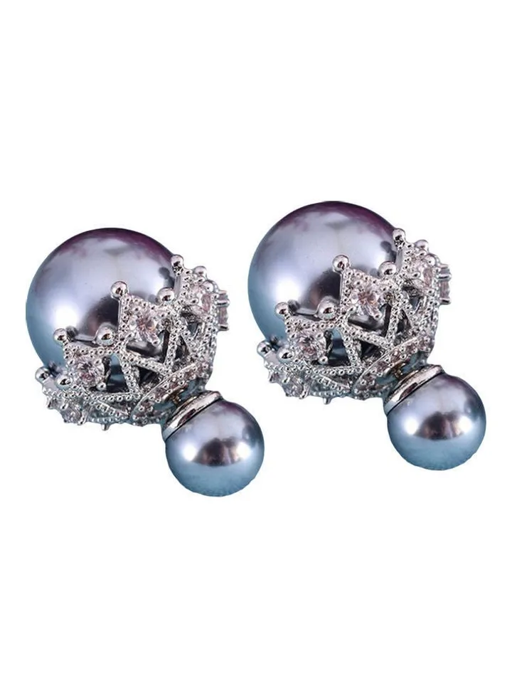 Double Sided Imitation Pearl Hollow Flower Ear Stud Earrings