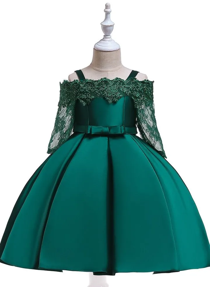 Kids Clothing Satin Elegant Dresses Green Color