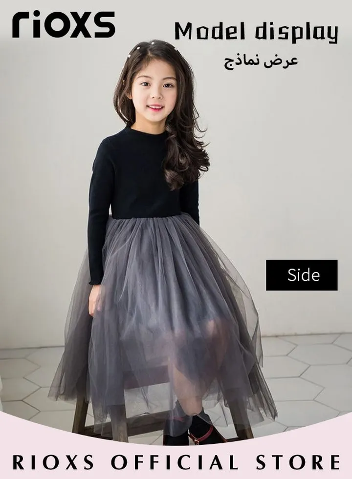 Kids Girls Breathable A Line Tutu Dress Round Neck Long Sleeve Mesh Slim Dress Knitted Cotton Princess Dress