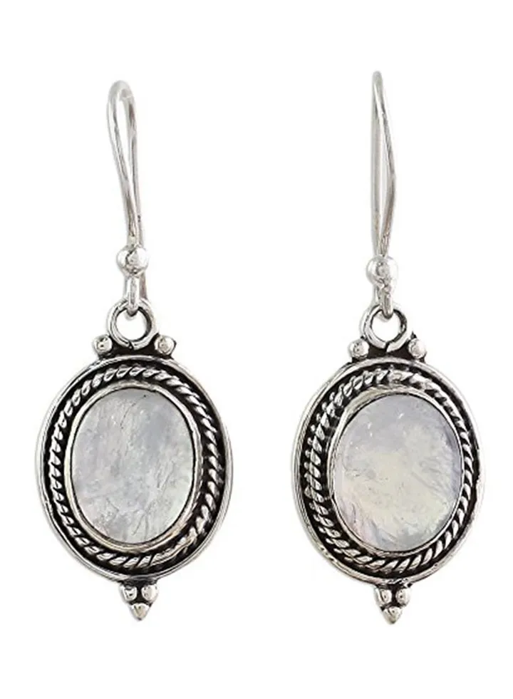 925 Sterling Silver Oval Moonlit Charm Dangle Earrings