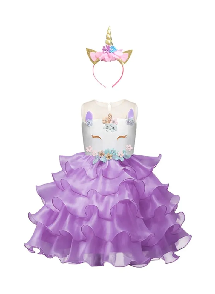 Unicorn Princess Party Dress With Hair Band Purple