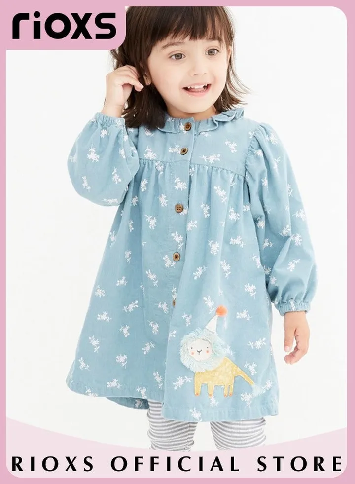 Toddlers Kids Girls Corduroy A Line Dress Round Neck Long Sleeve Dress Ruffle Princess Dress