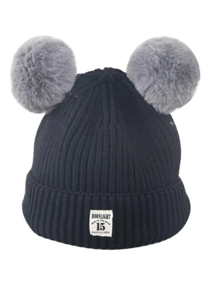 Cute Fur Ball Knitted Beanie Grey/Black