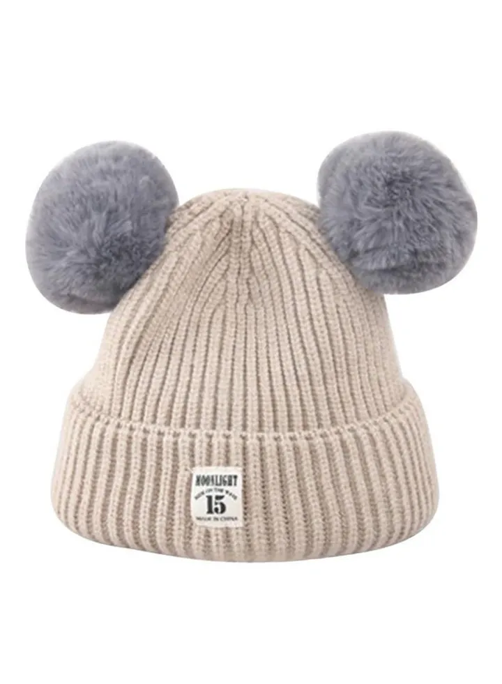 Cute Fur Ball Knitted Beanie Beige/Grey