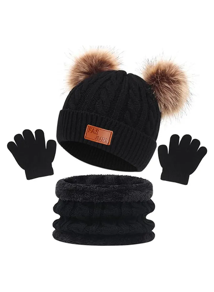 Kids Winter Beanie Hat Scarf Gloves Set Knit Toddler Winter Hat Gloves Neck Warmer with Fleece Lined for Children 2-5 Years, Black