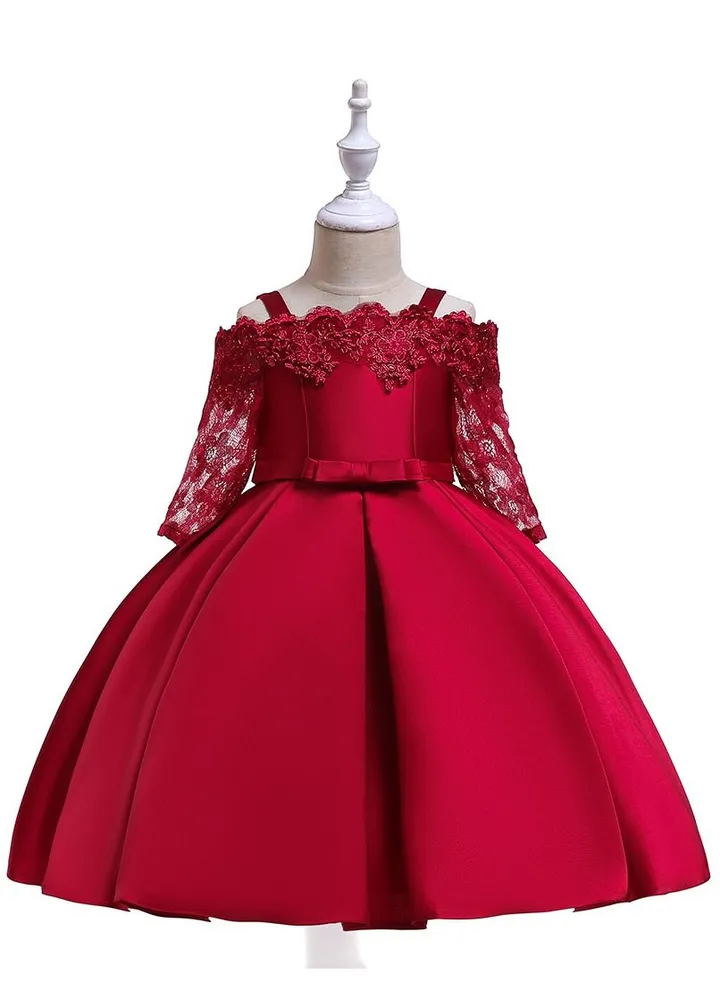 Kids Clothing Satin Elegant Lace Girls Dresses for Children Princess Party Costumes Burgundy Color