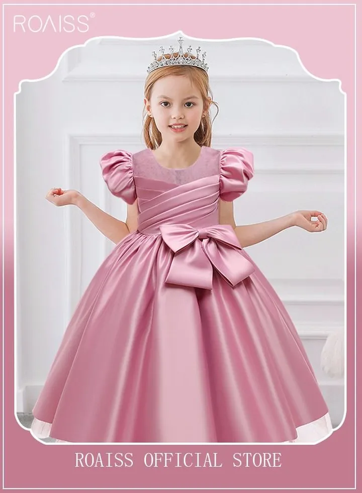 Girls Puff Sleeve Mesh Insert Big Bow Front Satin Gown Dress Party Princess Dress Toddler Little Kids Birthday Party Wear Wedding Evening Formal Pageant Dance Gown Dusty Pink