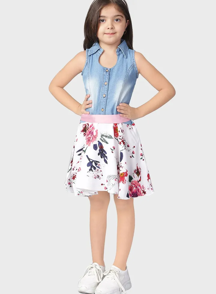 Kids Floral Print Denim Dress