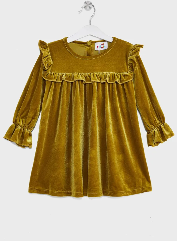 Girls Long Sleeve Ruffled Velvet Dress
