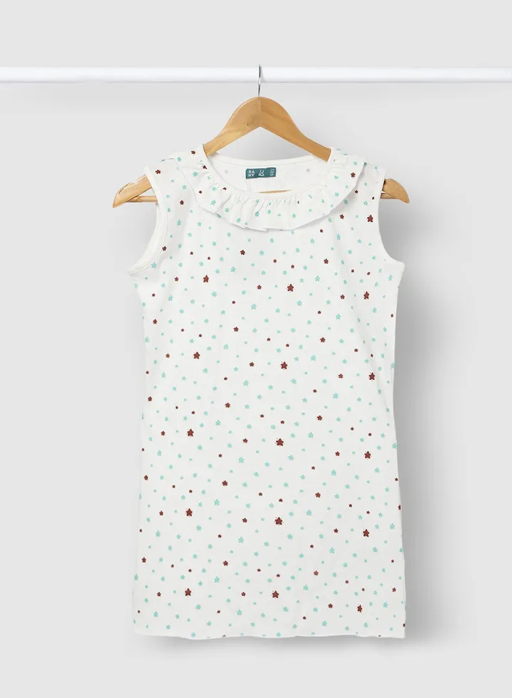 Girls Casual Cotton Wear Frock In All Over Print Red / White