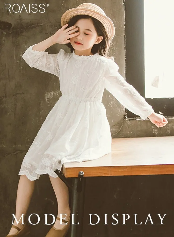 Fashionable And Versatile Lace Mesh Dress For Girls' Daily Life Elegant And Ladylike Round Neck Long-Sleeve Waist Dress.