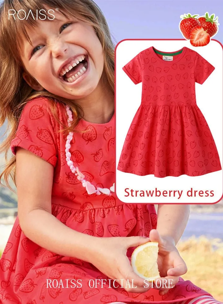 Girl's Toddler Cotton Dress Summer Pullover Short Sleeve Tops Kids Shirt Dress Popular Children's Strawberry Graphic Printing T-Shirt Dress Clothing Red