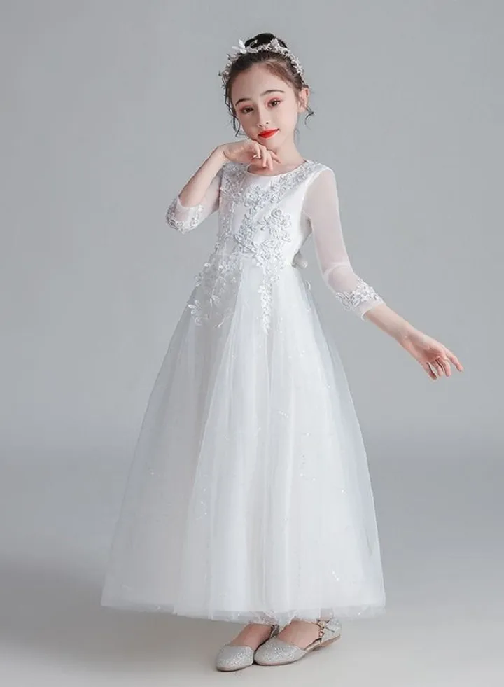 Girl'S Long Sequin Gown With Long Sleeves For birthday Party Dress White Color