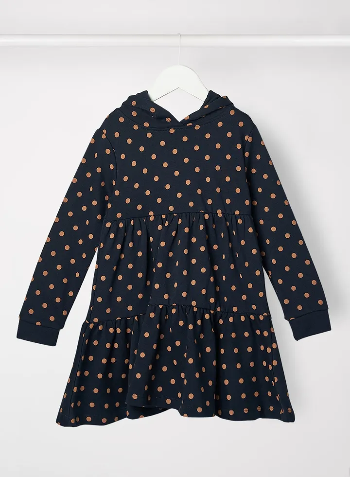Kids Hooded Polka Dot Dress Navy