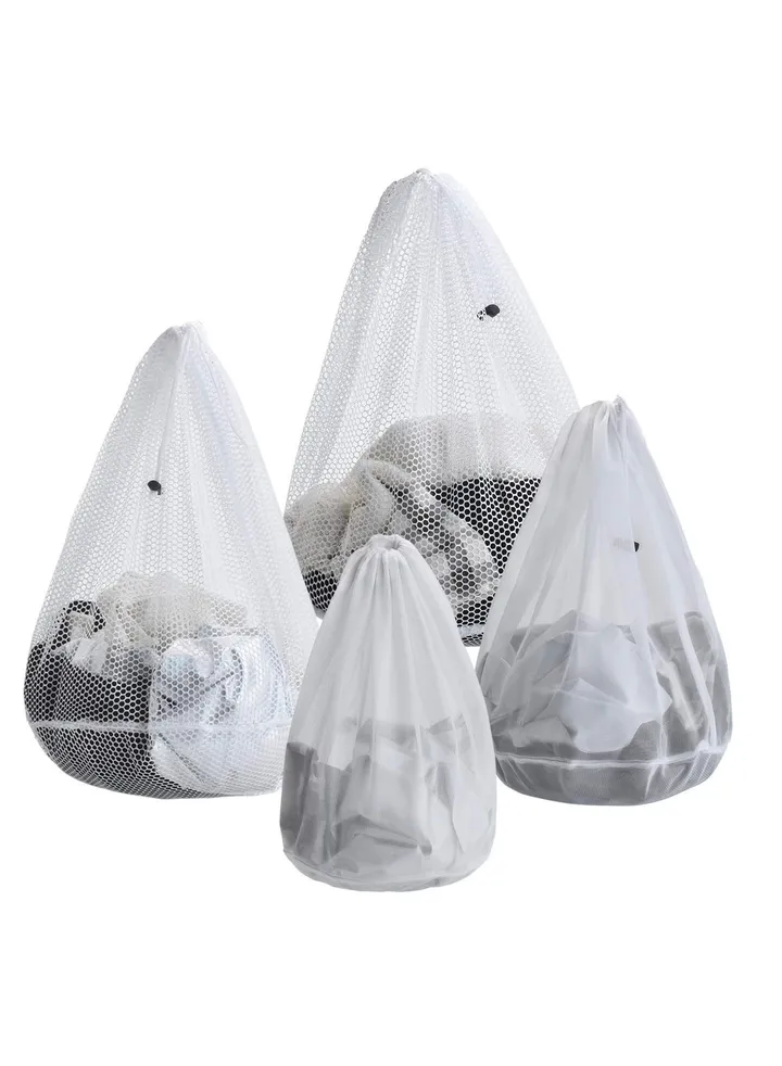 Mesh Laundry Bags Pack of 4 Durable Drawstring Laundry Washing Bags for Delicates Garments Lingerie Socks Bras and Baby Clothes (Coarse & Fine Mesh)