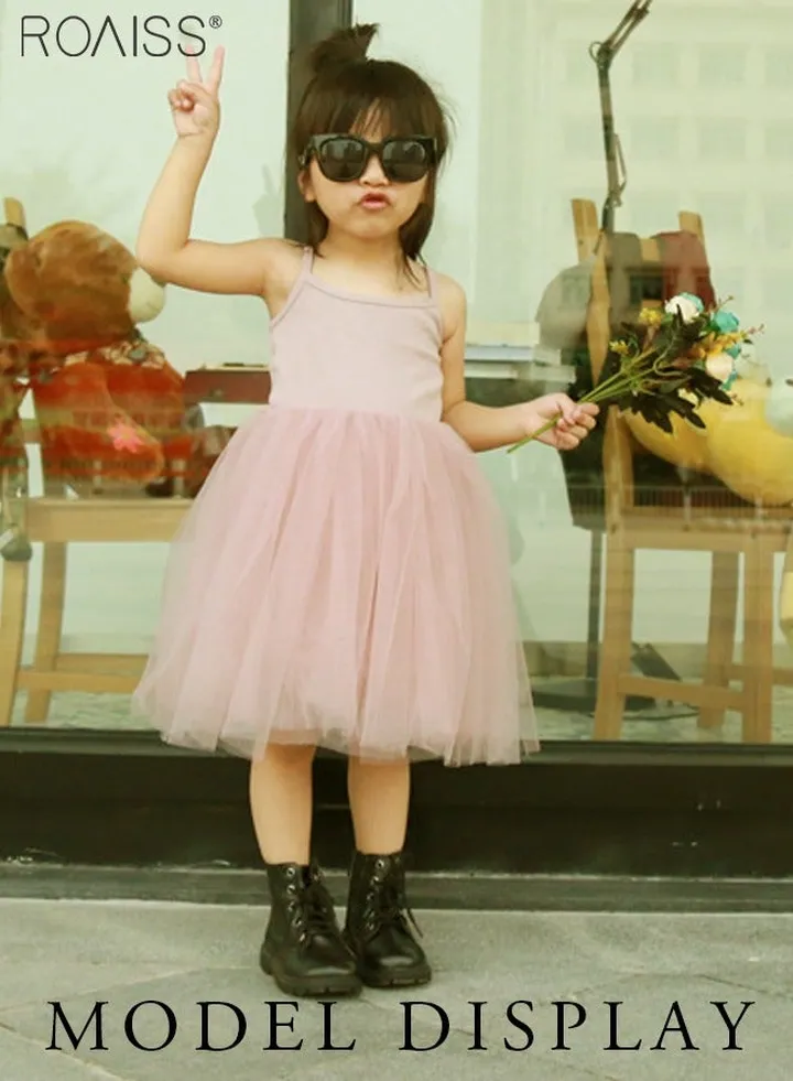 Fashionable And Versatile Threaded Knitted Splicing Mesh Suspender Dress For Girls' Daily Life Fluffy Hem Dress