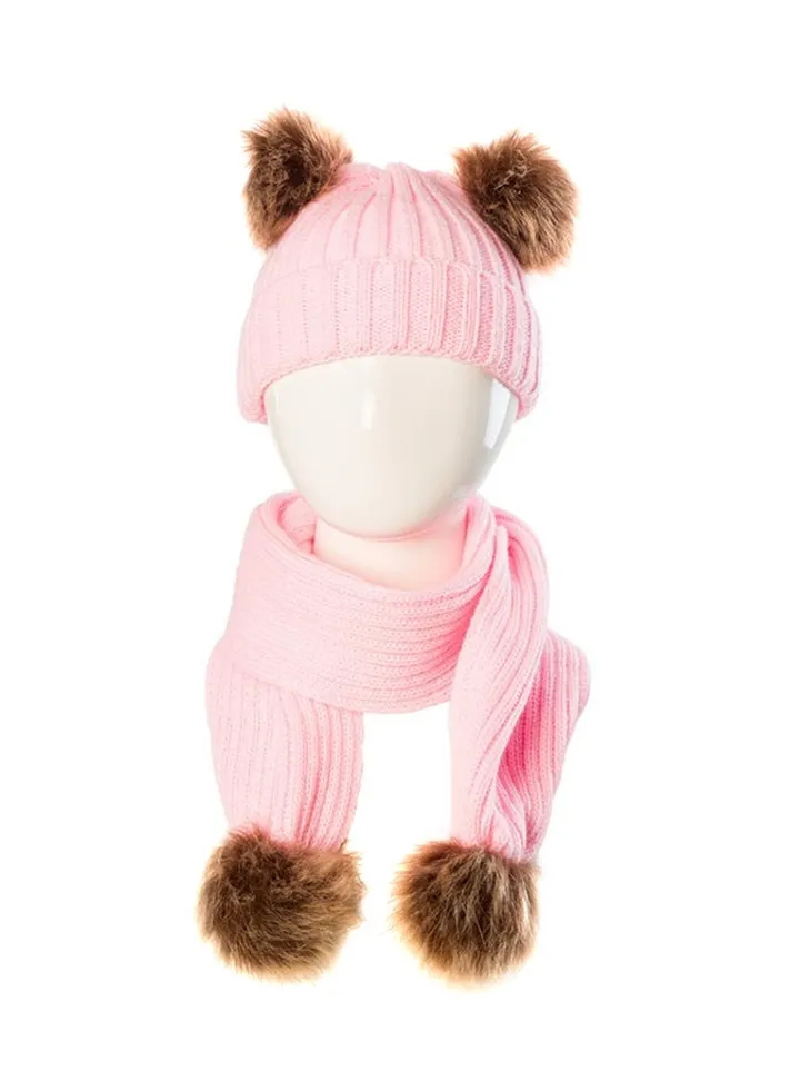Faux Fur Ball Scarf With Beanie Pink/Brown