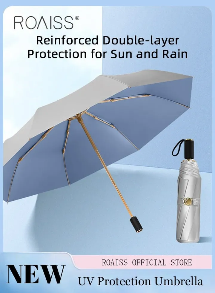 3 Fold Multi-functional Sun Umbrella with Super Sun and UV Protection Double-Layer Vinyl Sunshade 8 Rib Design for Rain and Shine Upf50+ Suitable for Commuting and Traveling Outdoors