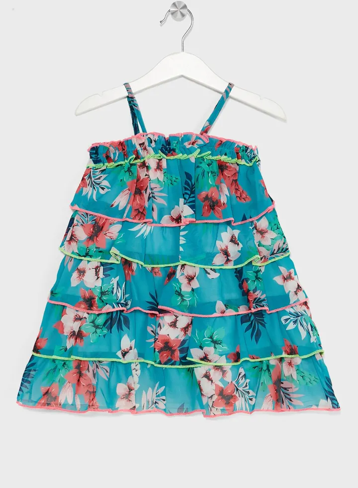 Nauti Nati Girls Floral Printed Shoulder Strap Layered A-Line Dress